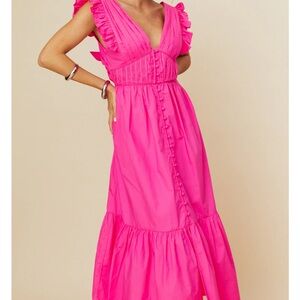 Chic Fuchsia Midi Dress with Ruffle Details